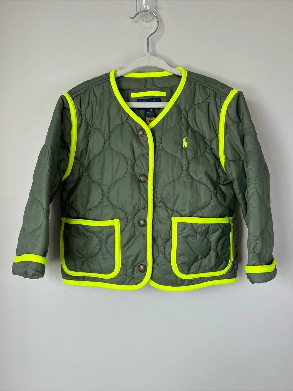 Polo Ralph Lauren Kids 2T Olive Quilted Kids Bomber Jacket Neon Trim STREETWEAR